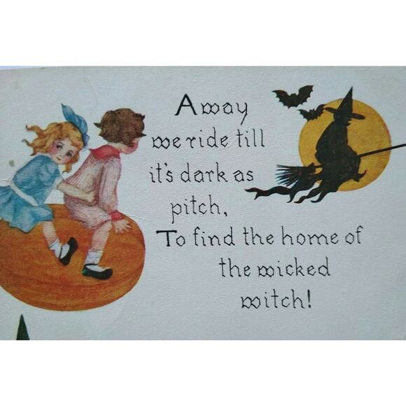 Vintage Halloween Postcard Kids Flying On Pumpkin Chases A Witch 857 FA Owen - Picture 2 of 4
